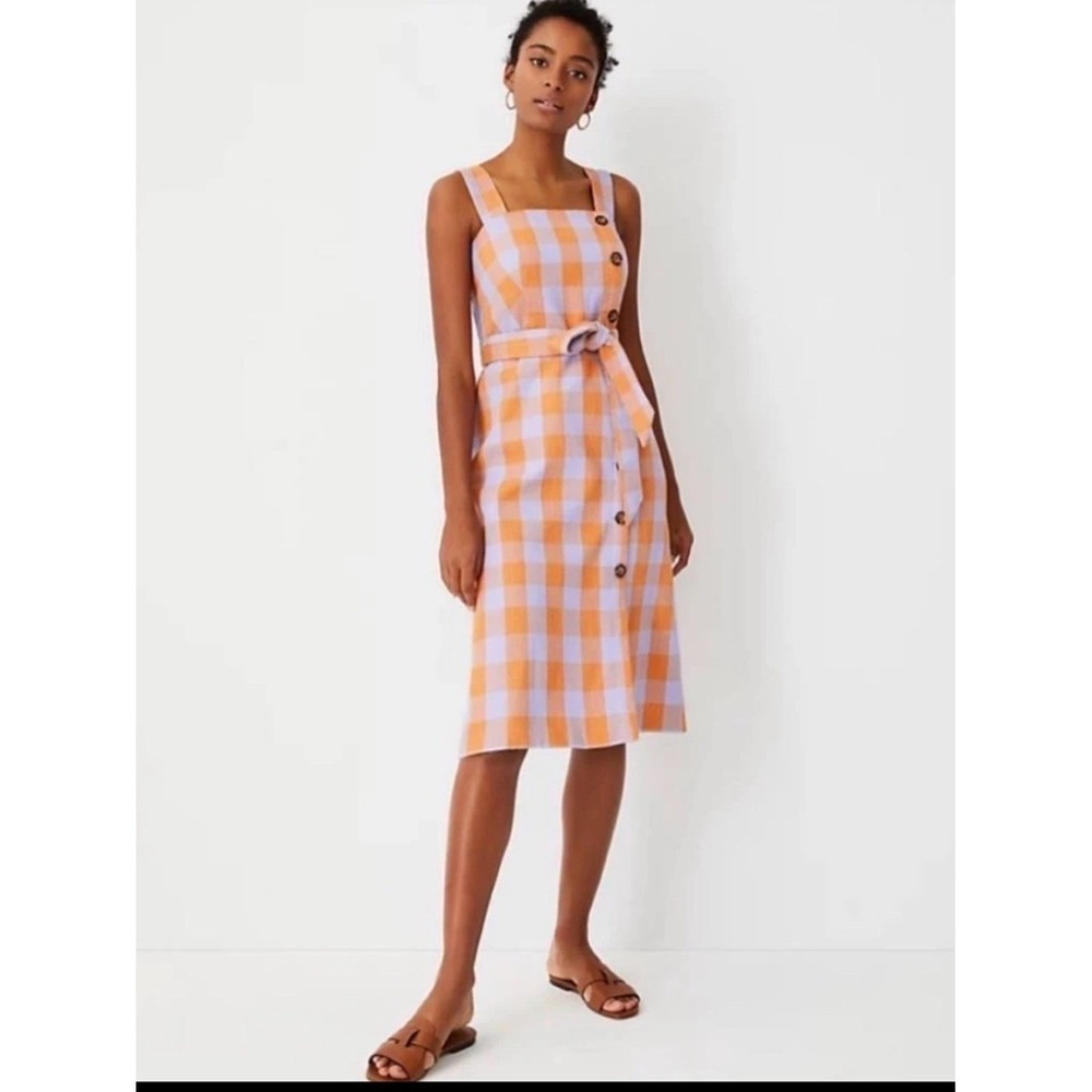 Taylor Gingham Square Neck Midi Dress Orange Lavender Belt Tie Button‎ Plaid 8